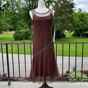 Y2K Newport News Whimsigoth Mesh Dress Beaded Drop Waist Midi Art Deco 20s Fairy